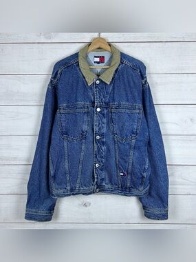 Vintage Tommy Hilfiger Jacket Mens XL Denim Tan Collar Button Up Trucker 90s